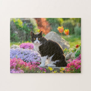 Cute Black White Cat in a Colorful Flowery Garden Jigsaw Puzzle