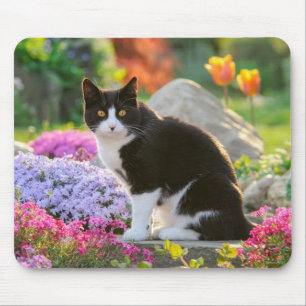 Cute Black White Cat in a Colorful Flowery Garden Mouse Pad