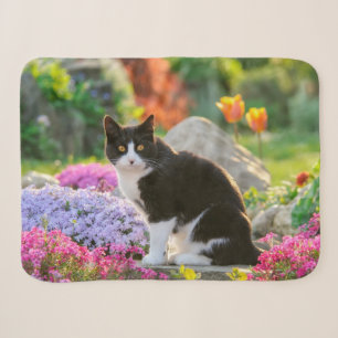 Cute Black White Cat in a Colorful Flowery Garden Sherpa Blanket