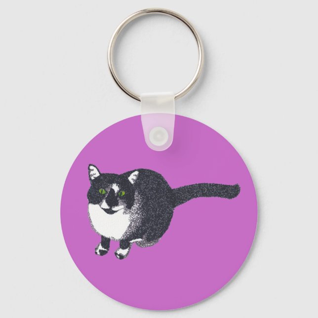 Cute Black White Cat in Pointillism Keychains (Front)