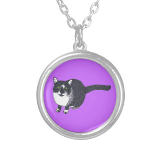 Cute Black White Cat in Pointillism Necklaces