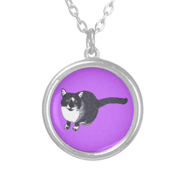 Cute Black White Cat in Pointillism Necklaces (Front)