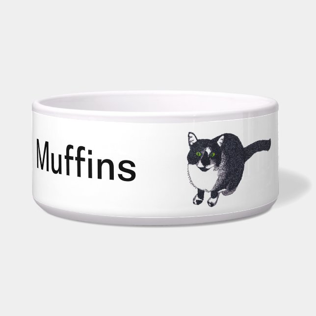 Cute Black White Cat in Pointillism Pet Bowl (Front)