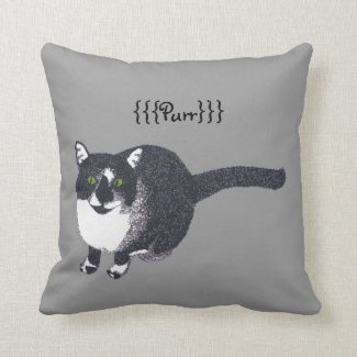 Cute Black White Cat in Pointillism Purr Pillows