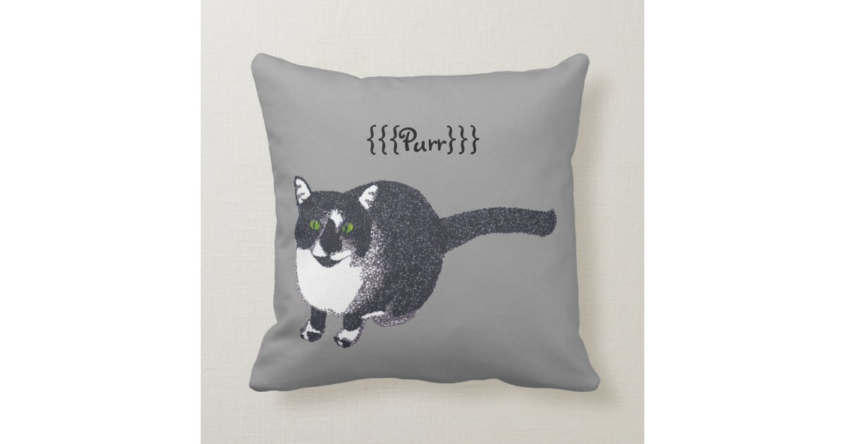 Cute Black White Cat in Pointillism Purr Pillows | Zazzle