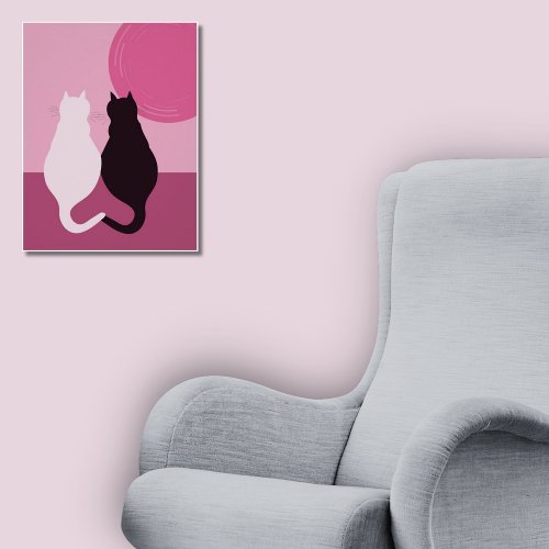 Cute Black  White Cat Pair At Pink Sunset Poster