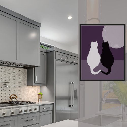 Cute Black  White Cat Pair Purple_Blue Night Poster