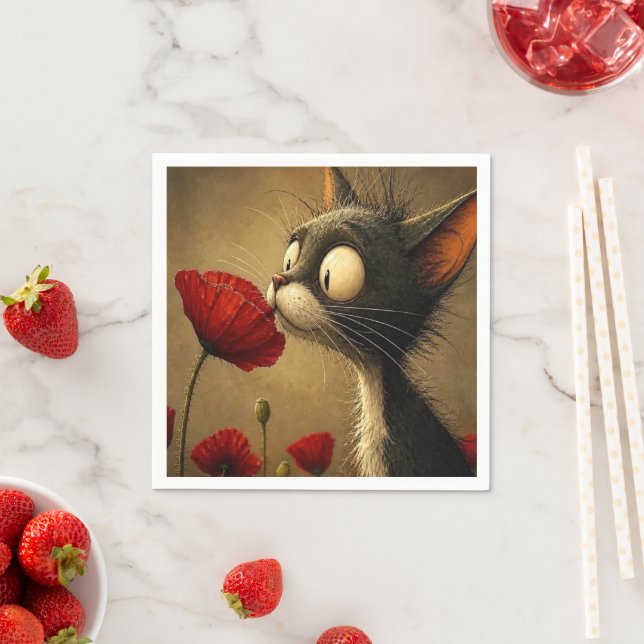 Cute Black & White Cat Red Flower Paper Napkin (Insitu)