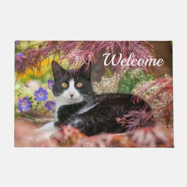 Cute Black-White Cat Resting under a Maple Tree -  Doormat (Front)