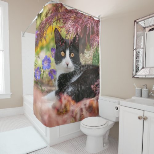 Cute Black_White Cat Resting under a Maple Tree _  Shower Curtain