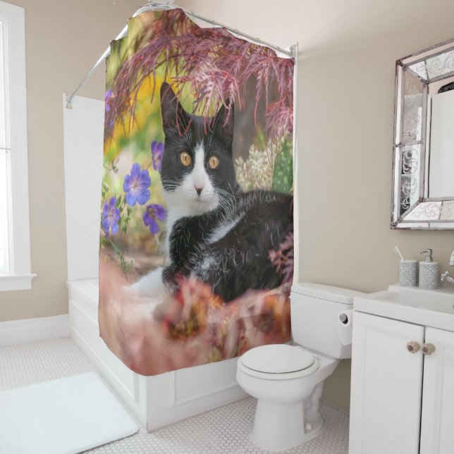 Cute Black-White Cat Resting under a Maple Tree -  Shower Curtain (In Situ)