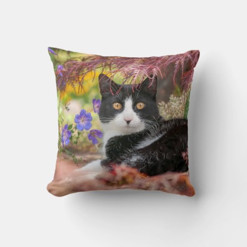 Cute Black_White Cat Resting under a Maple Tree _  Throw Pillow