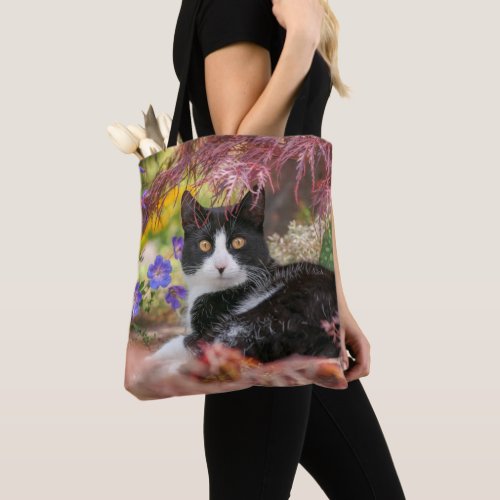 Cute Black_White Cat Resting under a Maple Tree _ Tote Bag