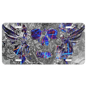Cute black white colorful neon skull license plate