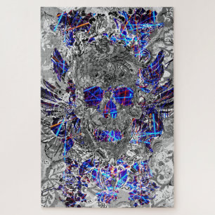 Cute black white colorful neon skull license plate jigsaw puzzle