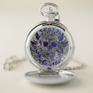 Cute black white colorful neon skull pocket watch