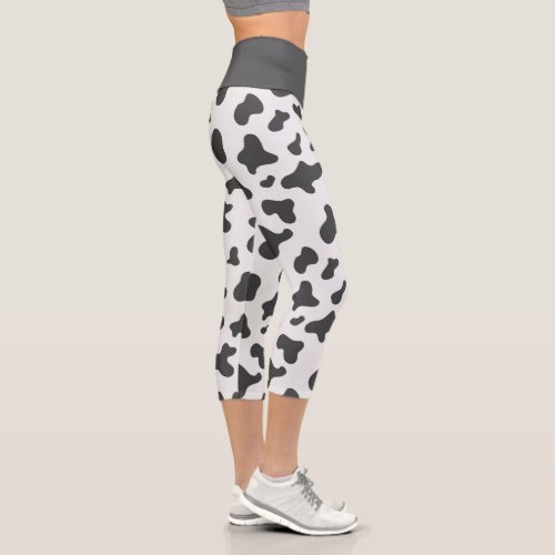 Cute Black White Cow Print Spotted Cowhide Pattern Capri Leggings