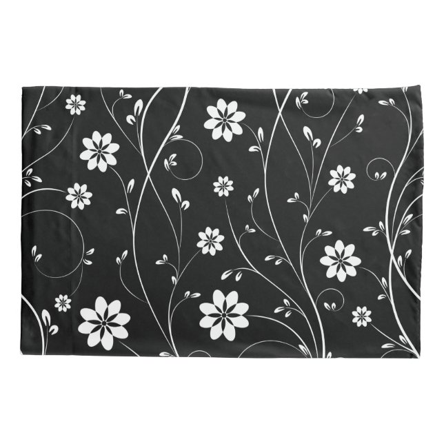 Cute Black & White Delicate Floral Pattern Pillowcase (Back)