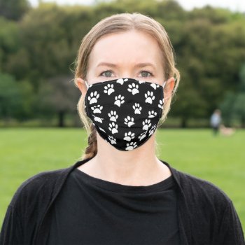 Cute Black White Dog Cat Paw Prints Adult Cloth Face Mask by HasCreations at Zazzle