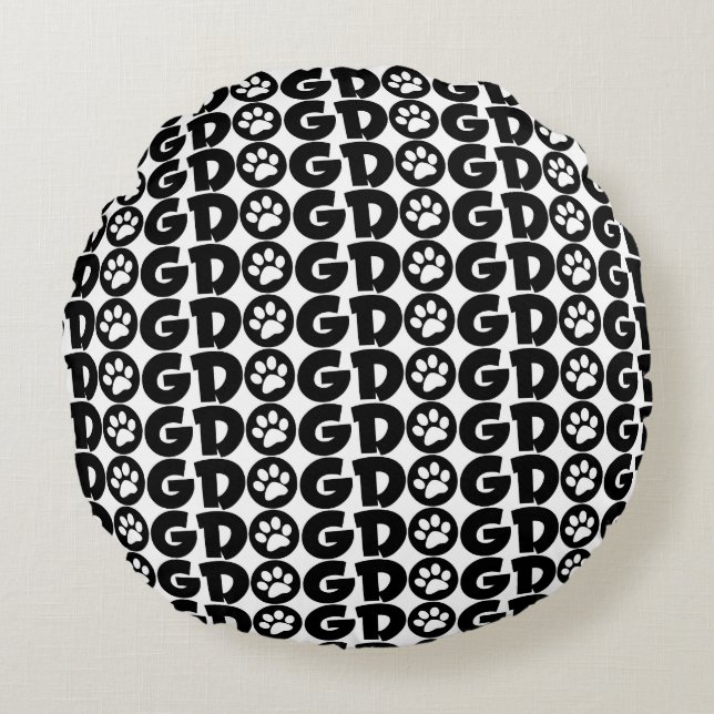 Cute Black & White - Dog / Paw Print Round Pillow (Front)