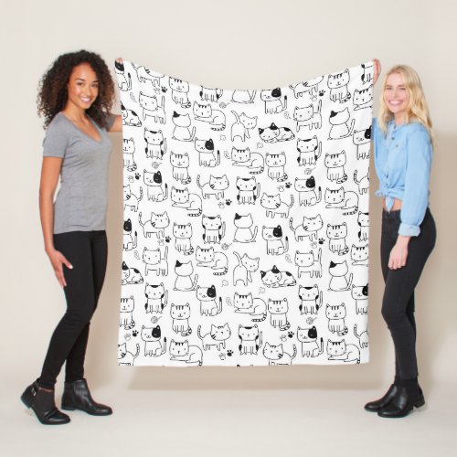 Cute Black White Doodle Cats Pattern Fleece Blanket