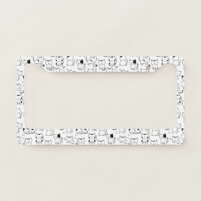 Cute Black White Doodle Cats Pattern License Plate Frame (Front)