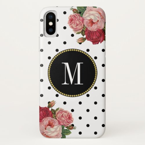 Cute Black White Dots Vintage Floral Gold Monogram iPhone X Case