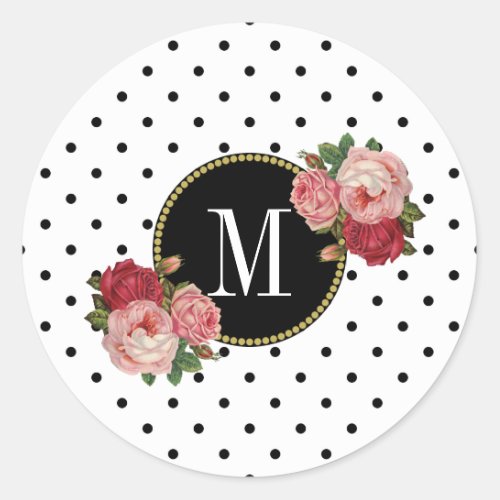 Cute Black White Dots Vintage Floral Gold Monogram Classic Round Sticker