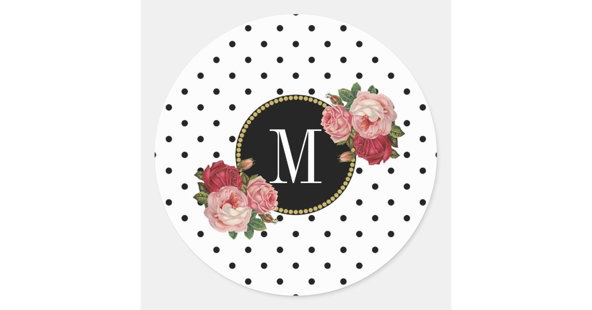 Cute Black White Dots Vintage Floral Gold Monogram Classic Round