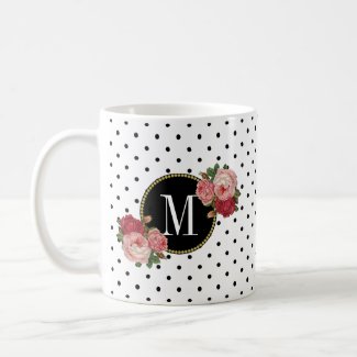 Cute Black White Dots Vintage Roses Gold Monogram Coffee Mug