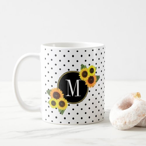 Cute Black White Dots Vintage Sunflowers Monogram Coffee Mug