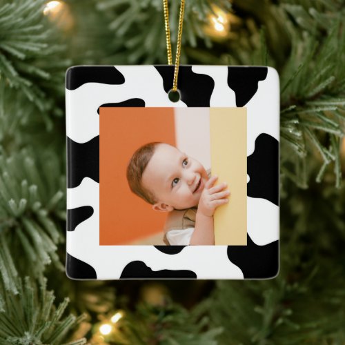 Cute black white farm animal cow print photo ceramic ornament