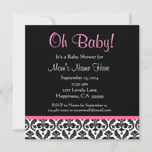 Cute Black White Feather Pink Damask Baby Shower Custom Invitations
