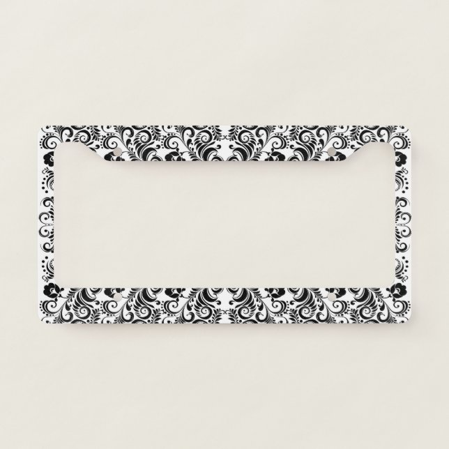 Cute black white floral background design license plate frame (Front)
