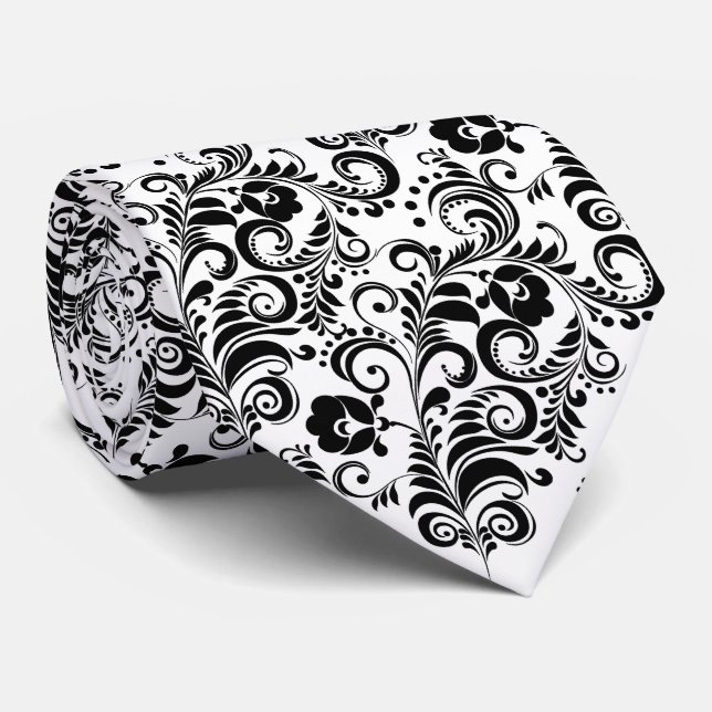 Cute black white floral background design neck tie (Rolled)