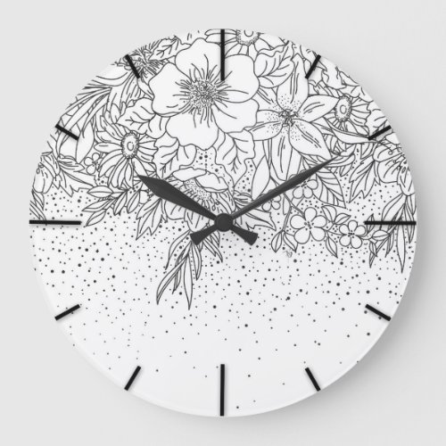 Cute Black White floral doodles and confetti Large Clock