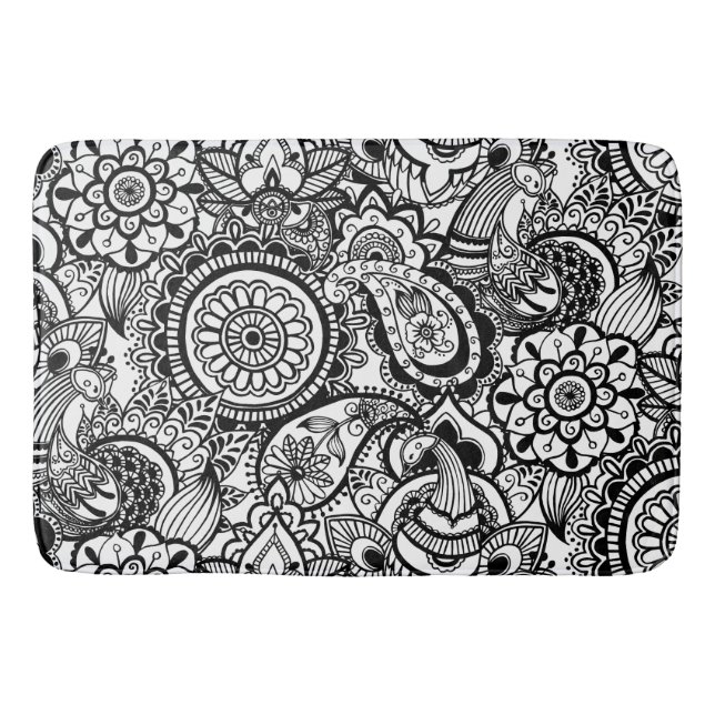 Cute black white floral paisley bathroom mat (Front)