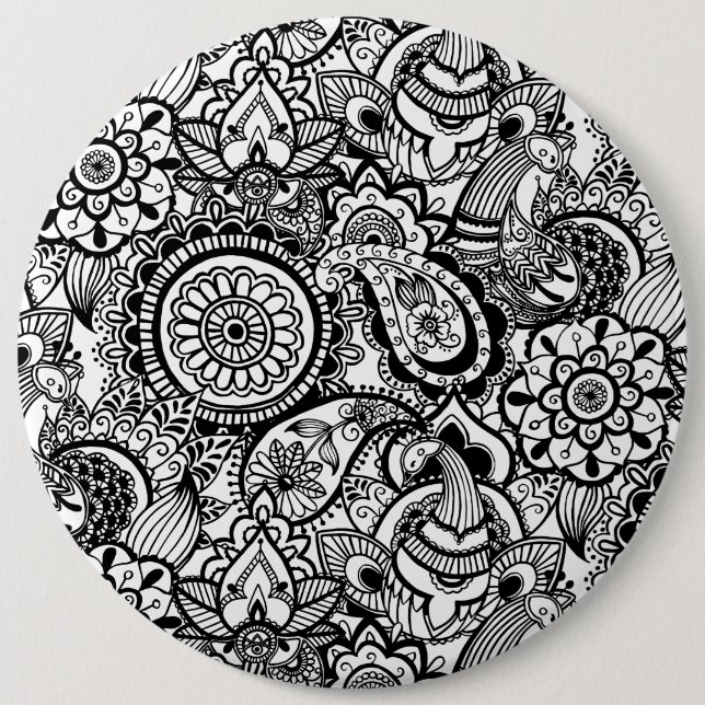 Cute black white floral paisley button (Front)