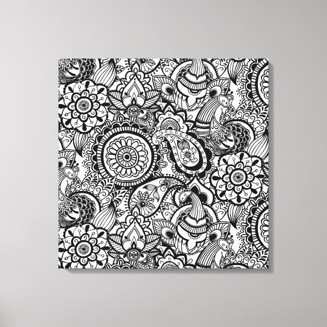Cute black white floral paisley canvas print (Front)