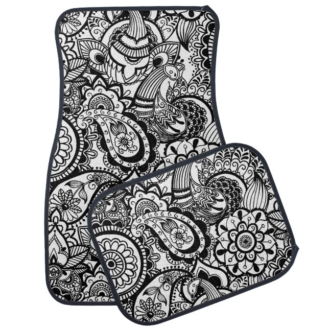 Cute black white floral paisley car floor mat (Set)