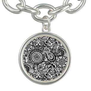 Cute black white floral paisley charm bracelet