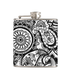 Cute black white floral paisley flask