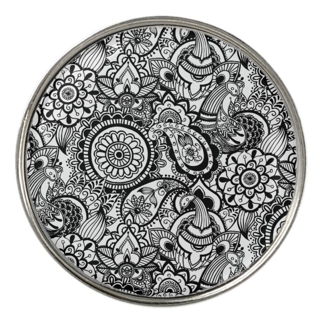 Cute black white floral paisley golf ball marker (Front)