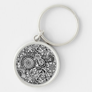 Cute black white floral paisley keychain
