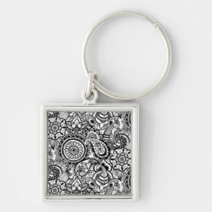 Cute black white floral paisley keychain