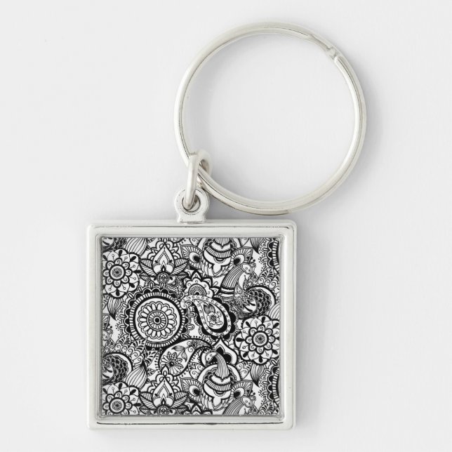 Cute black white floral paisley keychain (Front)