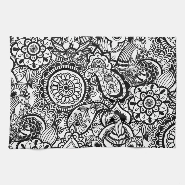 Cute black white floral paisley kitchen towel (Horizontal)