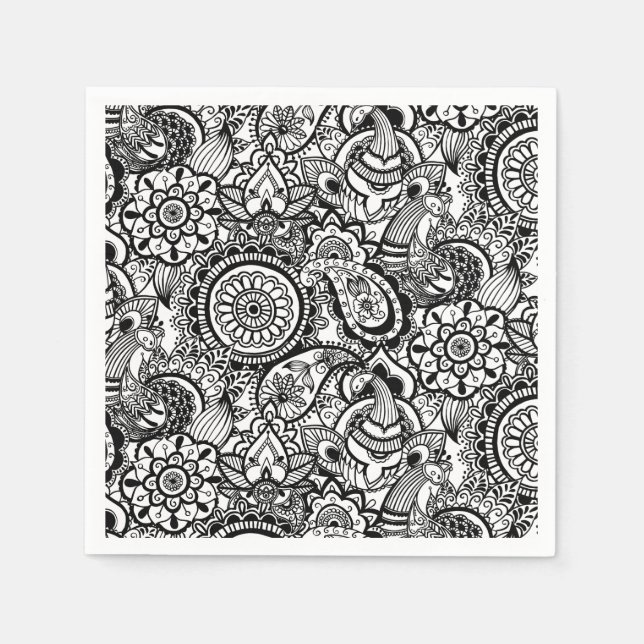 Cute black white floral paisley paper napkins (Front)