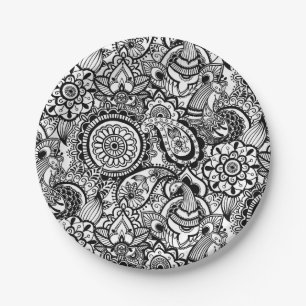 Cute black white floral paisley paper plates