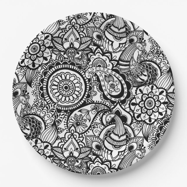 Cute black white floral paisley paper plates (Front)